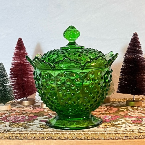Fenton Art Fenton Glass Emerald Green Hobnail Candy Dish Wlid